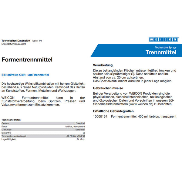 WEICON 400 ml Formentrennmittel silikonfrei Gleit- Trennmittel Trennspray
